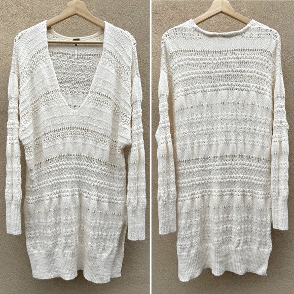 Free People•Hot Tropics,V-neck Loose Knit Stretch Long Tunic Sweater | Sz L - Picture 2 of 6